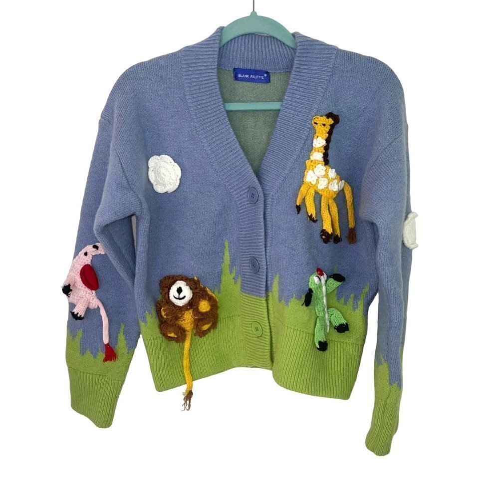Blank Palette Womens Cardigan Jacket Size Medium Zoo Theme Applique Acrylic